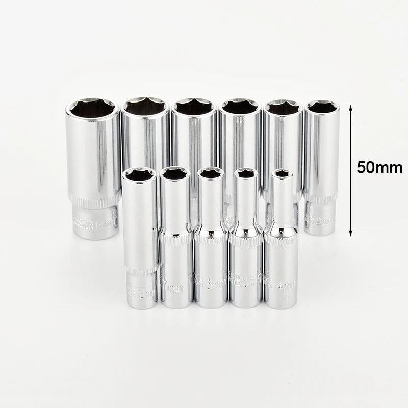 11pcs 1/4 Inch Hex Socket Set Long Drive Deep Socket Set Adapter Torque Ratchet Socket Wrench Socket Auto Car Repair Tool