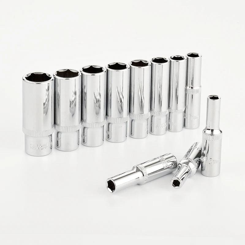 11pcs 1/4 Inch Hex Socket Set Long Drive Deep Socket Set Adapter Torque Ratchet Socket Wrench Socket Auto Car Repair Tool