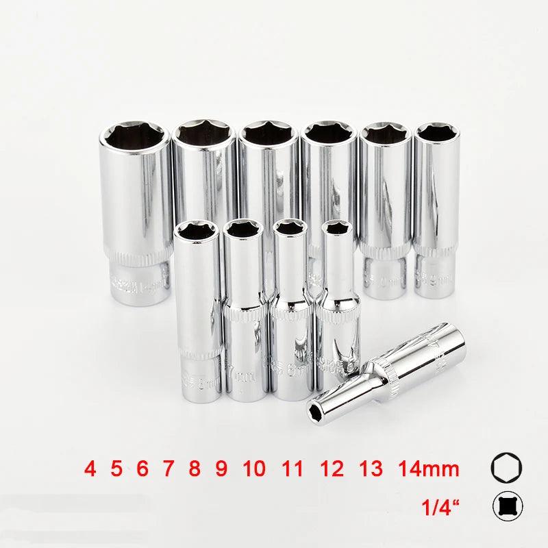 11pcs 1/4 Inch Hex Socket Set Long Drive Deep Socket Set Adapter Torque Ratchet Socket Wrench Socket Auto Car Repair Tool