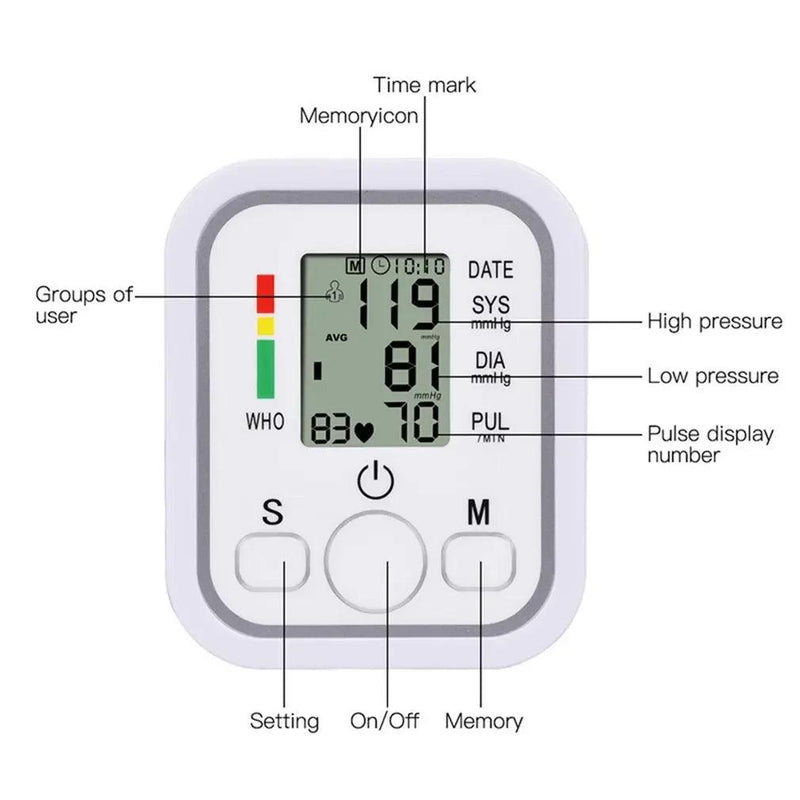 Medical Automatic Pressure Tonometer Tensiometer Heart Rate Pulse Meter BP Monitor Healthy Digital Arm Blood Pressure Meter Cuff