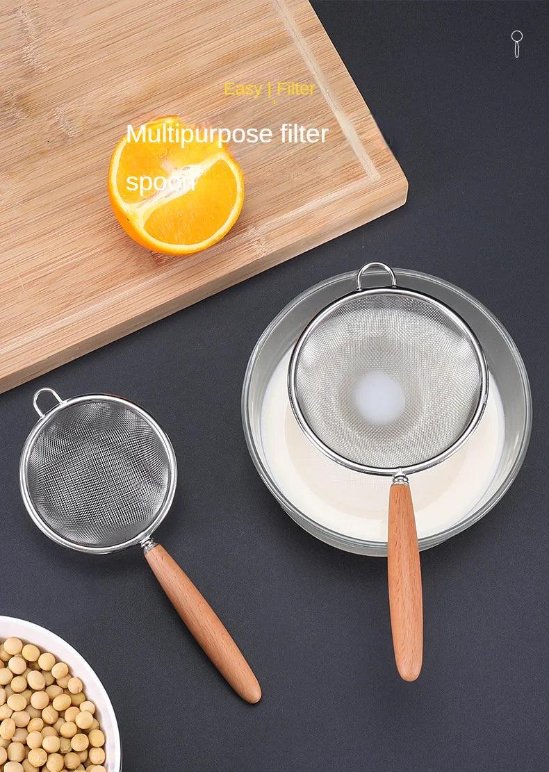 1 Pc Stainless Steel Colander Wooden Handle Fishing Spoon Household Kitchen Filter Mesh Small Net Leak Fried Noodle Colander