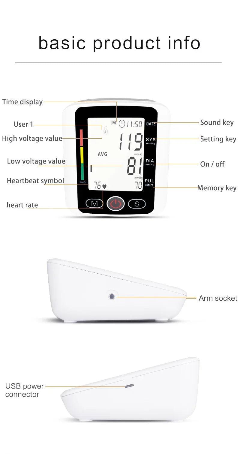 Medical Automatic Pressure Tonometer Tensiometer Heart Rate Pulse Meter BP Monitor Healthy Digital Arm Blood Pressure Meter Cuff