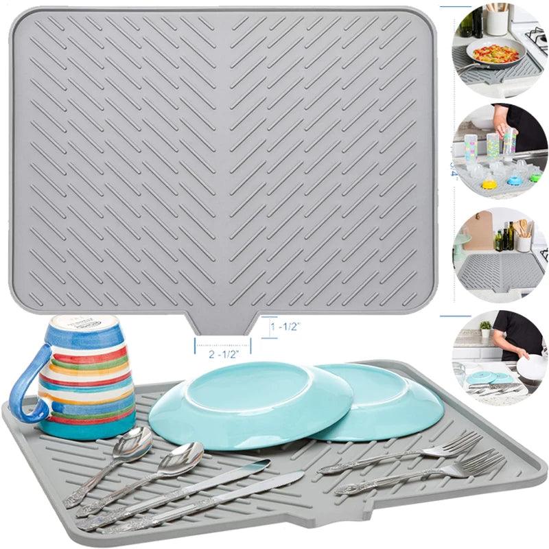 Silicone Dish Drying Mat Built in Drain Lip Hygienic Drying Pad Easy To Clean Tray Protects Surfaces Prevents Water Build Up