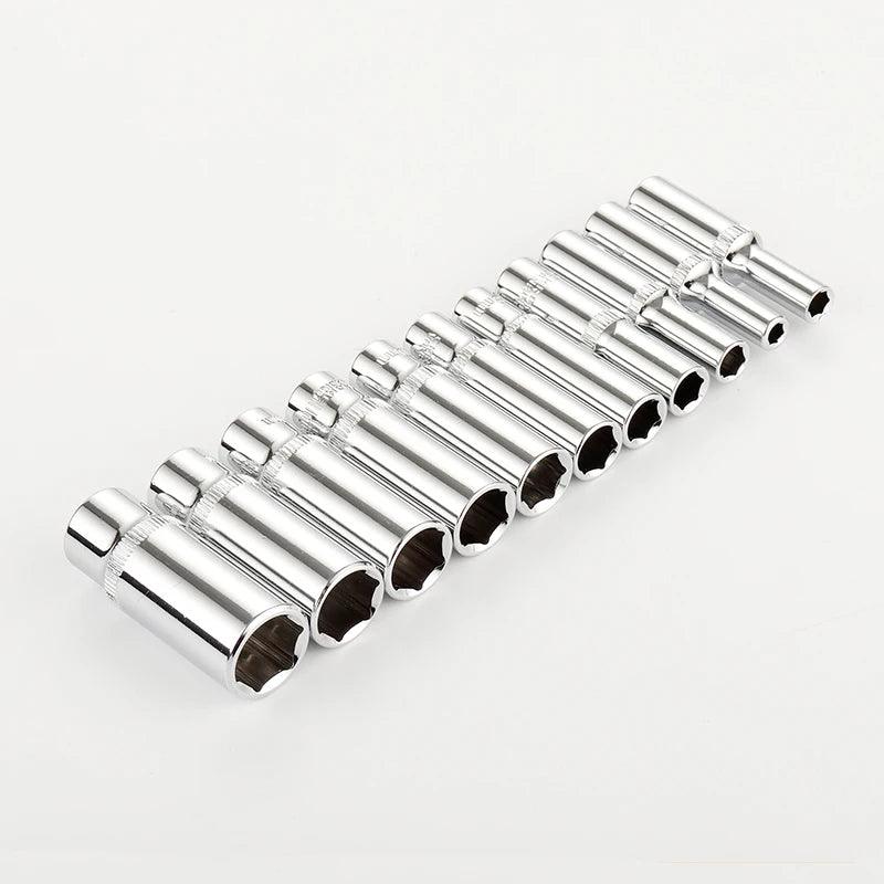 11pcs 1/4 Inch Hex Socket Set Long Drive Deep Socket Set Adapter Torque Ratchet Socket Wrench Socket Auto Car Repair Tool