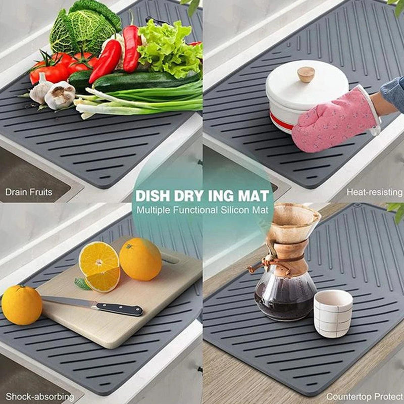 Silicone Dish Drying Mat Built in Drain Lip Hygienic Drying Pad Easy To Clean Tray Protects Surfaces Prevents Water Build Up